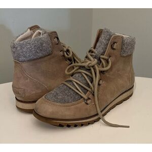 Sorel Harlow Lace Cozy Sandy Tan Ankle Boots Leather Bootie Womens Size US 9